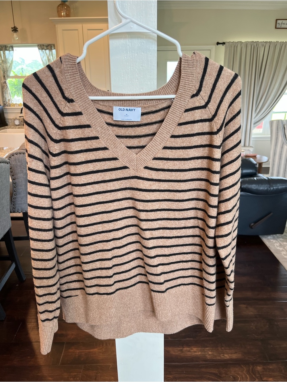 Old Navy Beige and Black Striped V-Neck Sweater